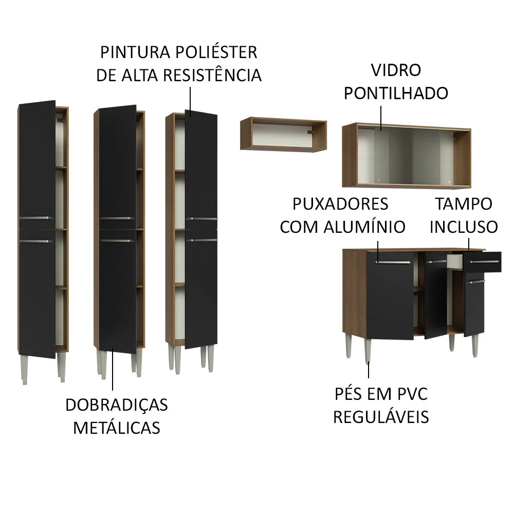 Armário de Cozinha Completa 261cm Rustic/Preto Emilly Madesa 03 - Image 4