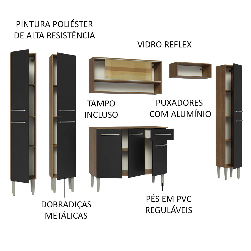 Armário de Cozinha Completa 261cm Rustic/Preto Emilly Madesa 04 - Image 4