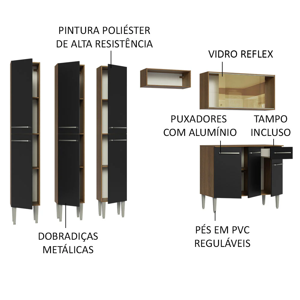 Armário de Cozinha Completa 261cm Rustic/Preto Emilly Madesa 05 - Image 4