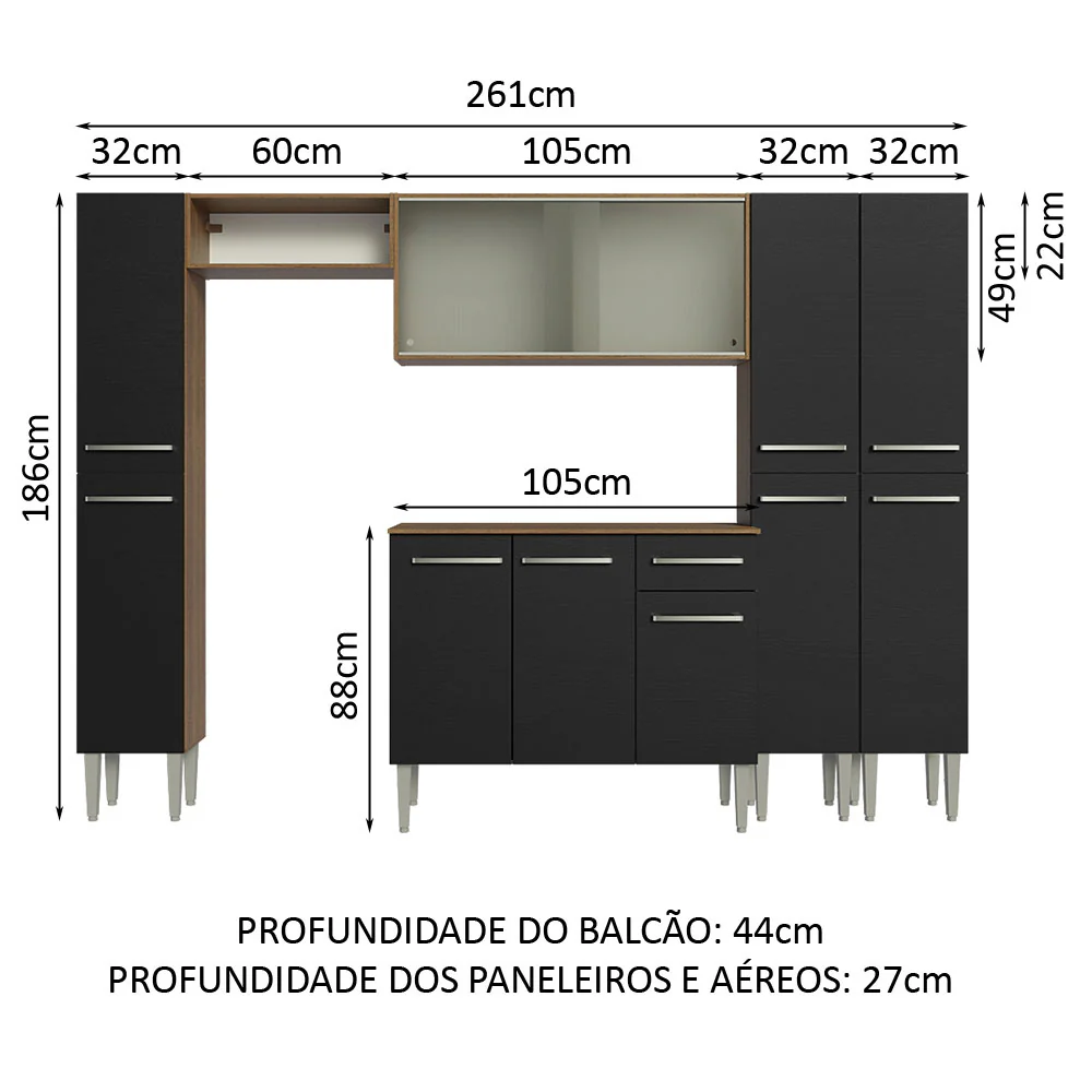 Armário de Cozinha Completa 261cm Rustic/Preto Emilly Madesa 06 - Image 3