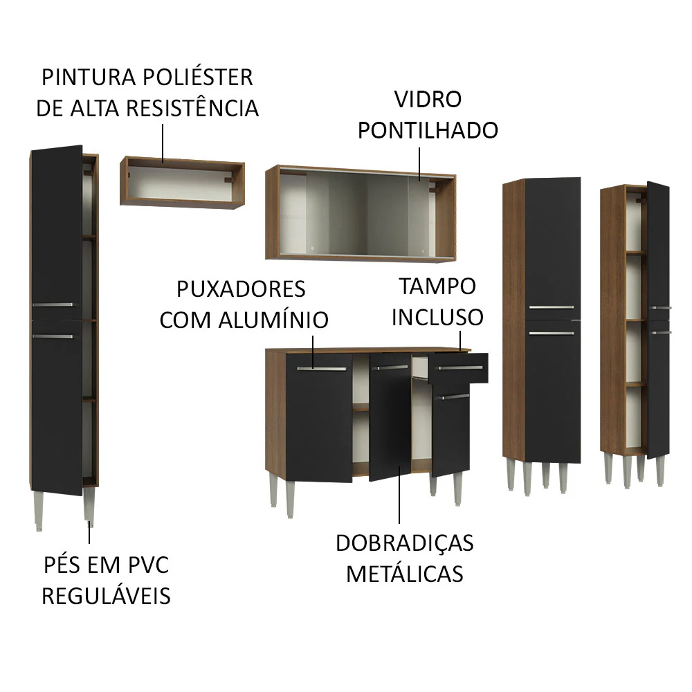 Armário de Cozinha Completa 261cm Rustic/Preto Emilly Madesa 06 - Image 4