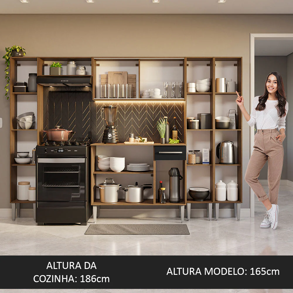 Armário de Cozinha Completa 261cm Rustic/Preto Emilly Madesa 06 - Image 5