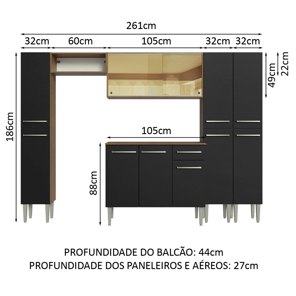 Armário de Cozinha Completa 261cm Rustic/Preto Emilly Madesa 07 - Image 3