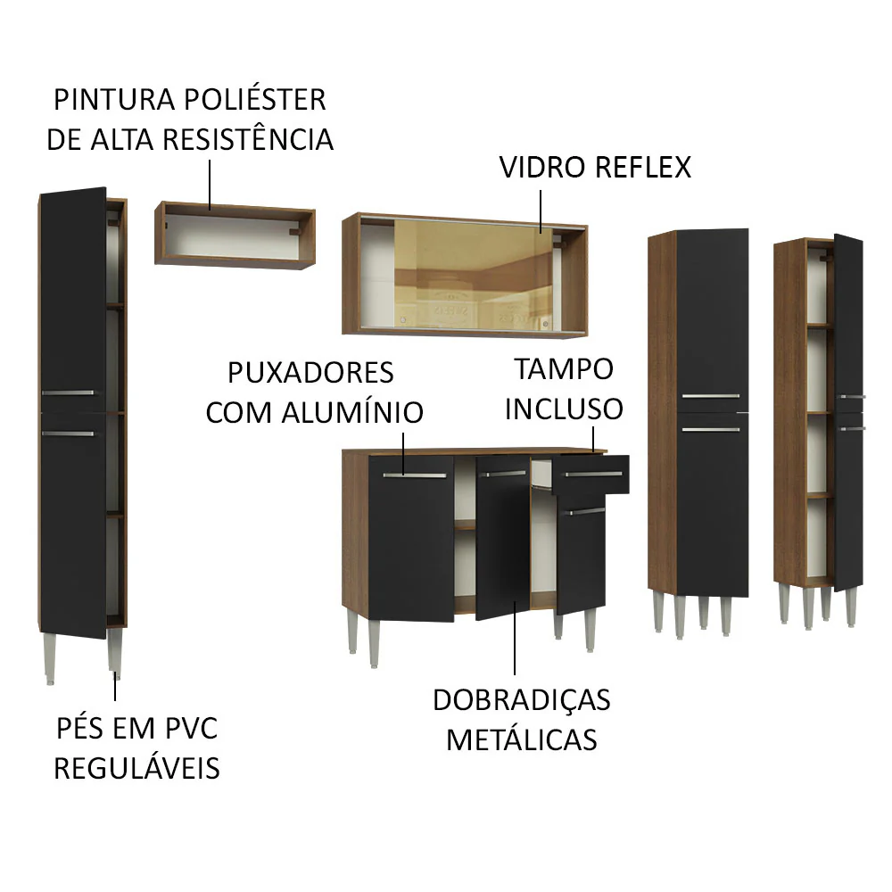 Armário de Cozinha Completa 261cm Rustic/Preto Emilly Madesa 07 - Image 4