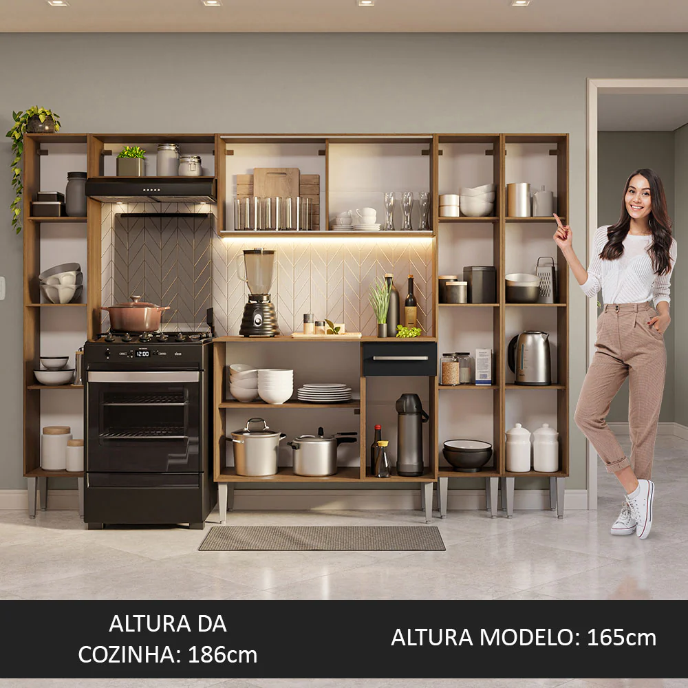 Armário de Cozinha Completa 261cm Rustic/Preto Emilly Madesa 07 - Image 5