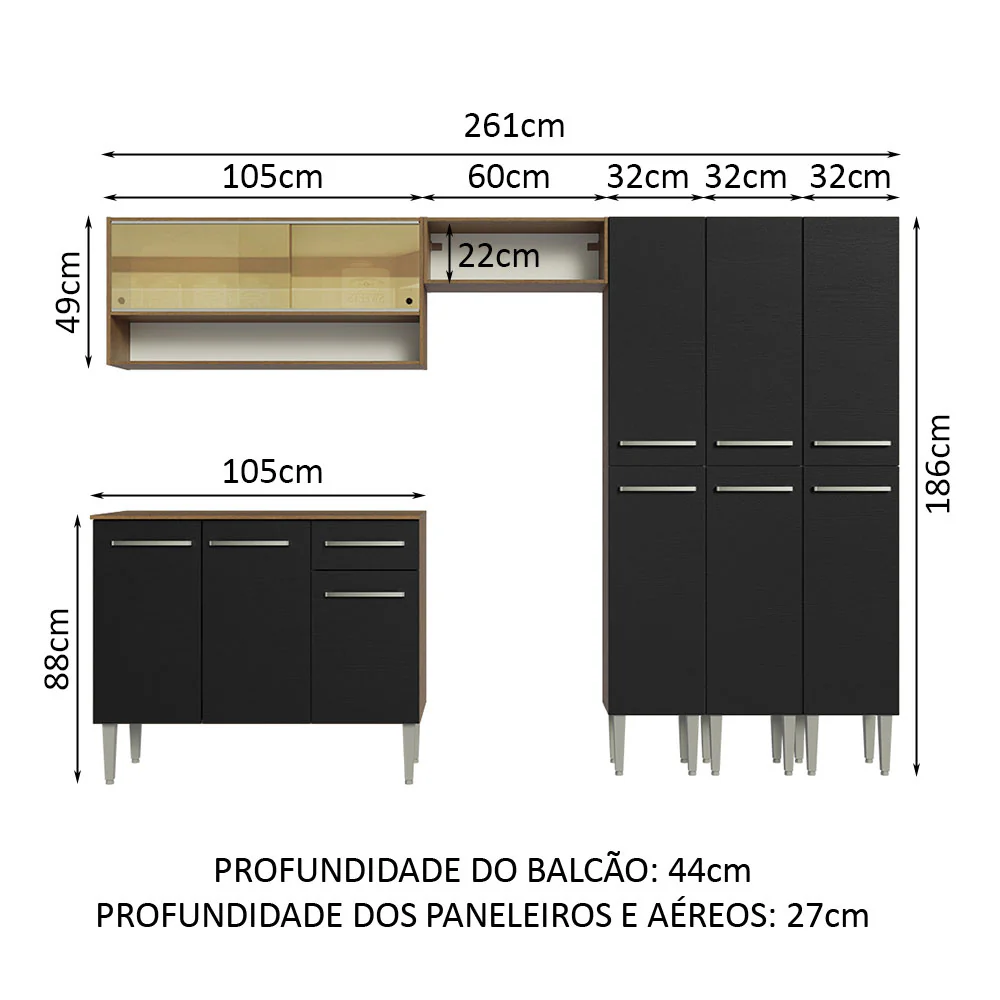 Armário de Cozinha Completa 261cm Rustic/Preto Emilly Madesa 08 - Image 3