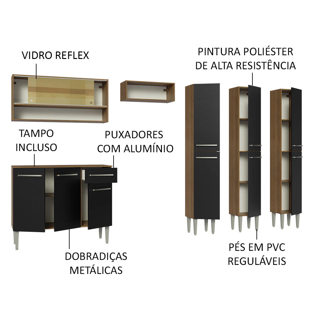 Armário de Cozinha Completa 261cm Rustic/Preto Emilly Madesa 08 - Image 4
