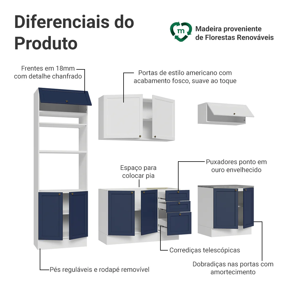 Armário de Cozinha Completa 270 cm Branco/Azul/Branco Vik Madesa 01 - Image 4