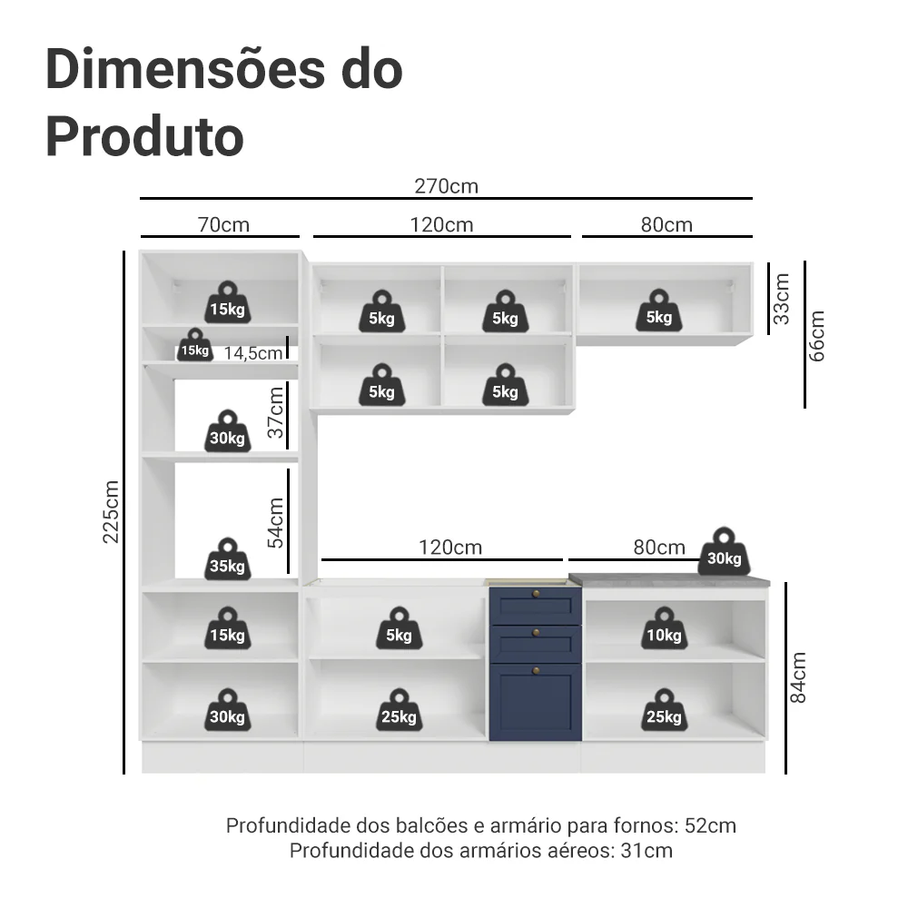 Armário de Cozinha Completa 270 cm Branco/Azul Vik Madesa 01 - Image 3
