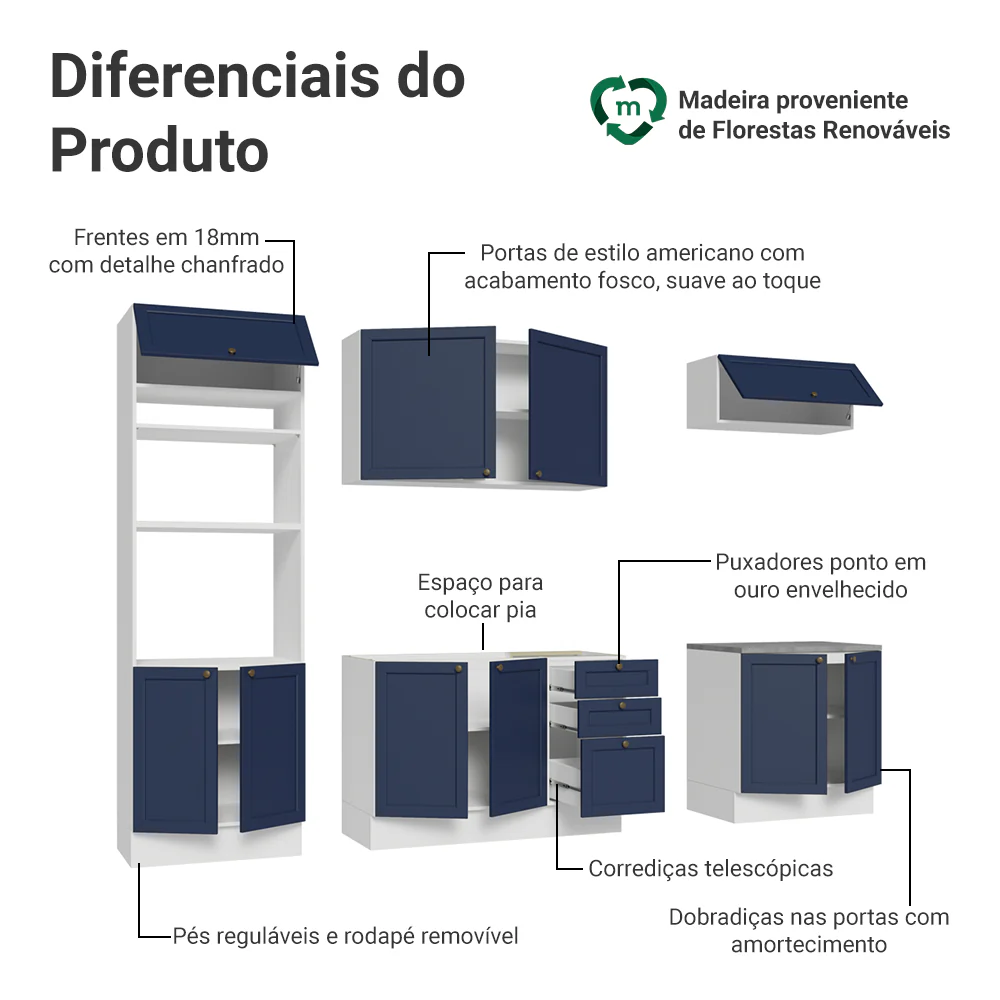 Armário de Cozinha Completa 270 cm Branco/Azul Vik Madesa 01 - Image 4