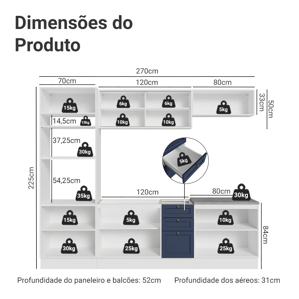 Armário de Cozinha Completa 270 cm Branco/Azul Vik Madesa 02 - Image 3