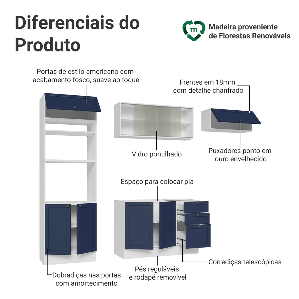 Armário de Cozinha Completa 270 cm Branco/Azul Vik Madesa 03 - Image 4