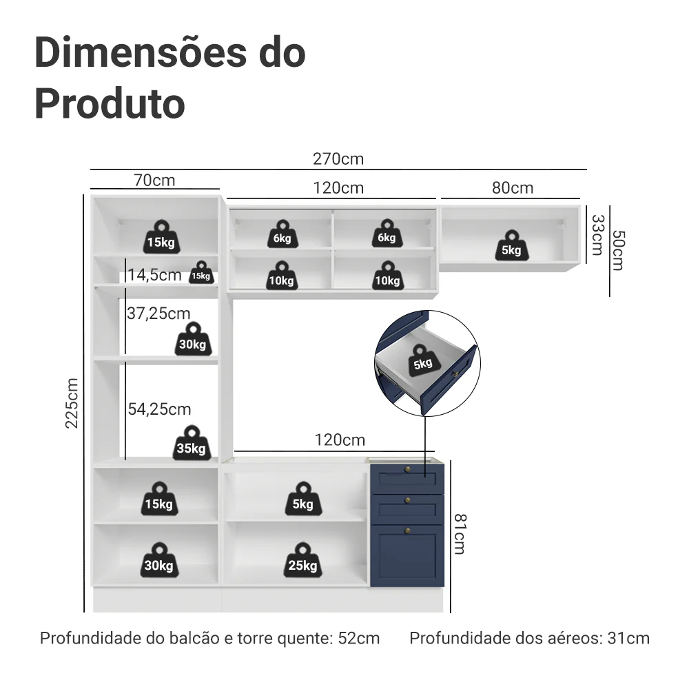 Armário de Cozinha Completa 270 cm Branco/Azul Vik Madesa 04 - Image 3