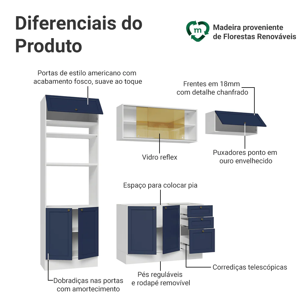 Armário de Cozinha Completa 270 cm Branco/Azul Vik Madesa 04 - Image 4