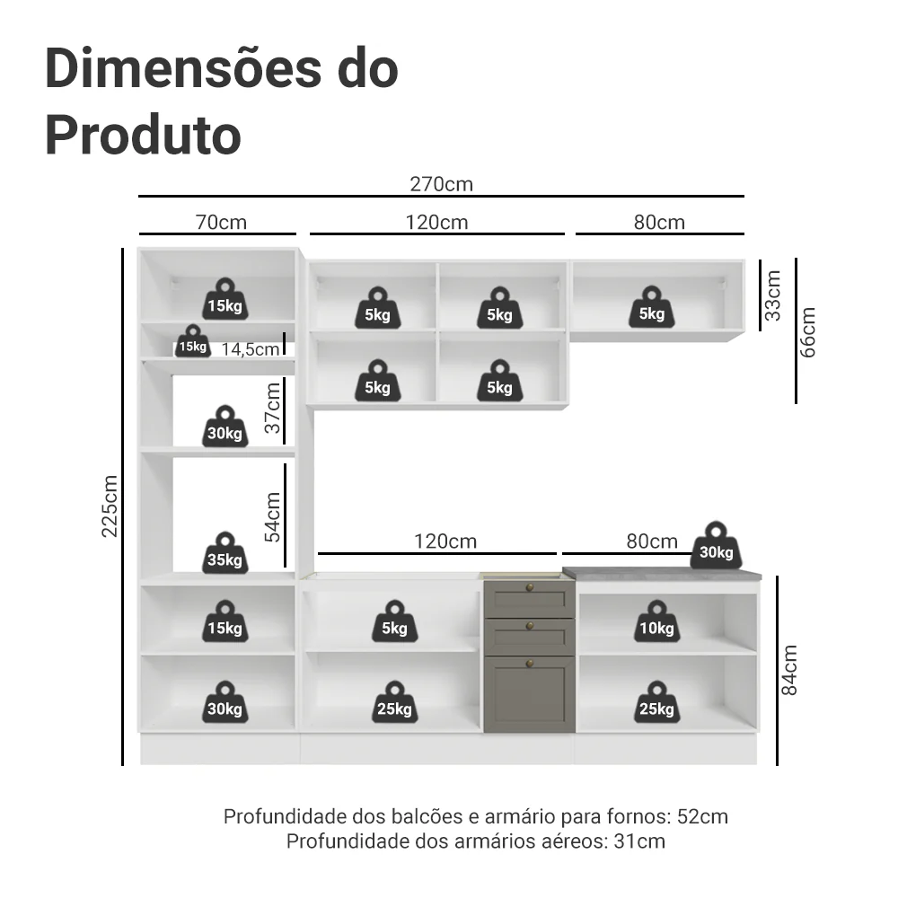 Armário de Cozinha Completa 270 cm Branco/Cinza Vik Madesa 01 - Image 3