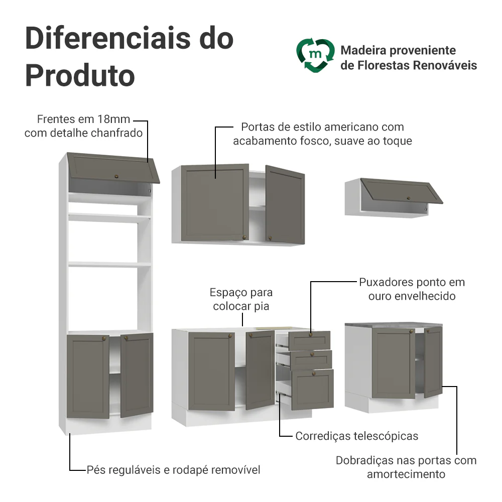 Armário de Cozinha Completa 270 cm Branco/Cinza Vik Madesa 01 - Image 4