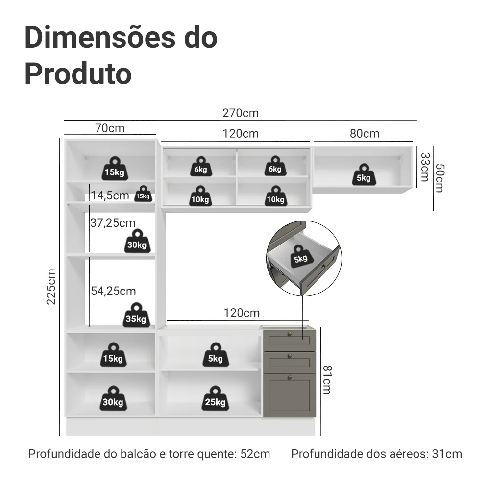 Armário de Cozinha Completa 270 cm Branco/Cinza Vik Madesa 03 - Image 3