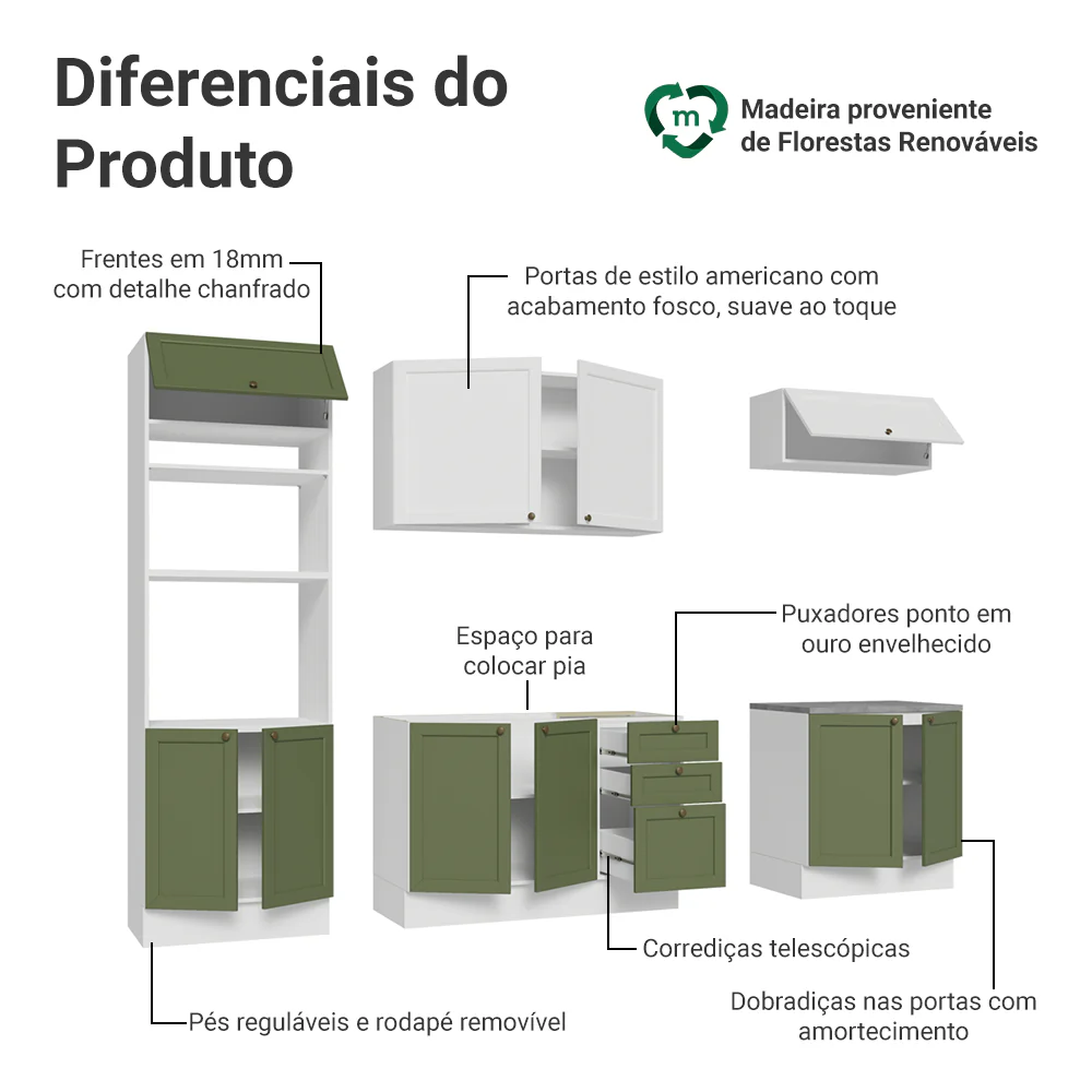 Armário de Cozinha Completa 270 cm Branco/Verde/Branco Vik Madesa 01 - Image 4
