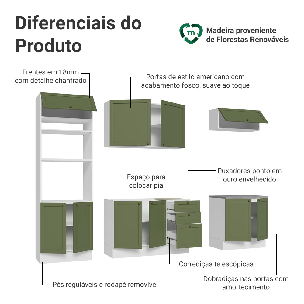 Armário de Cozinha Completa 270 cm Branco/Verde Vik Madesa 01 - Image 4