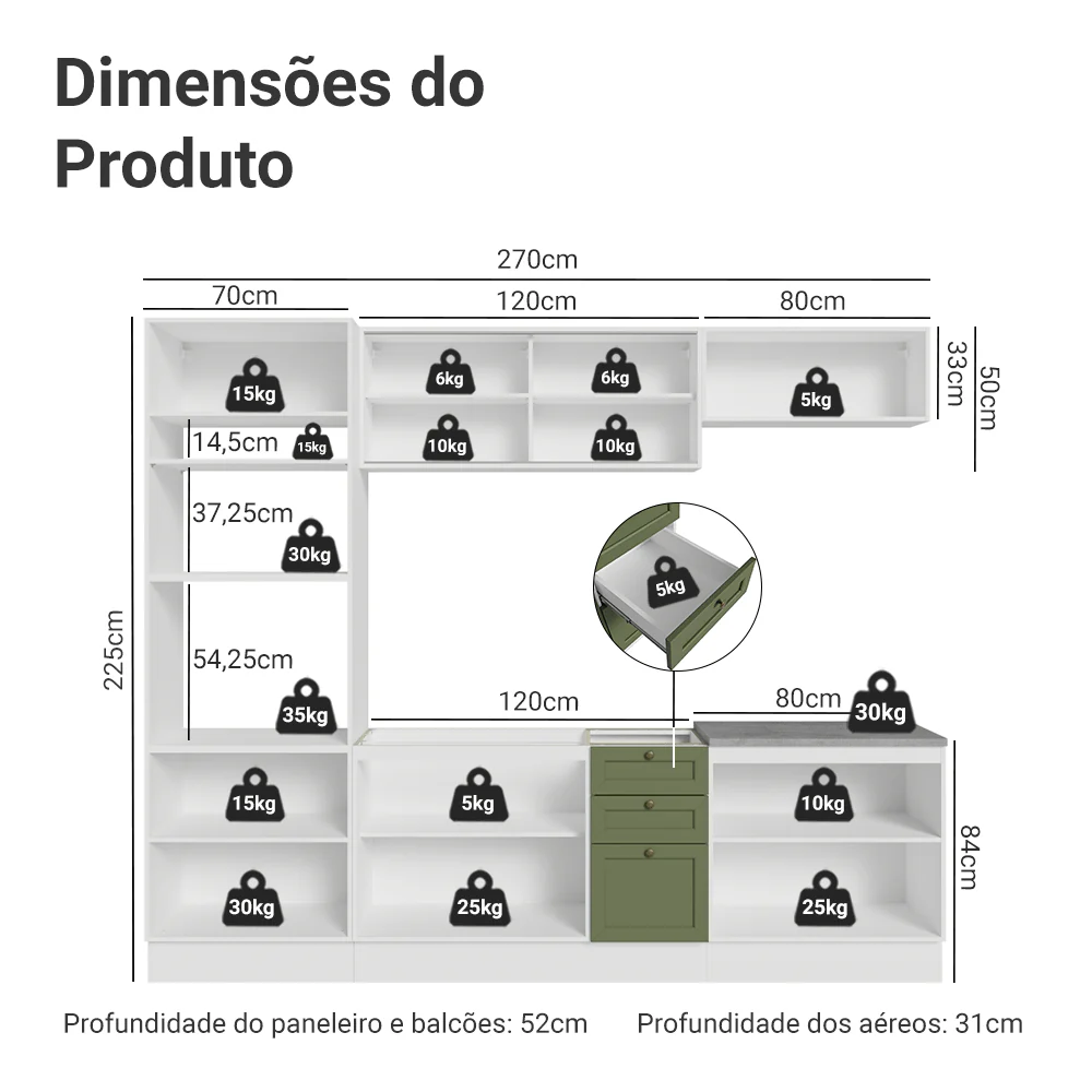 Armário de Cozinha Completa 270 cm Branco/Verde Vik Madesa 02 - Image 3