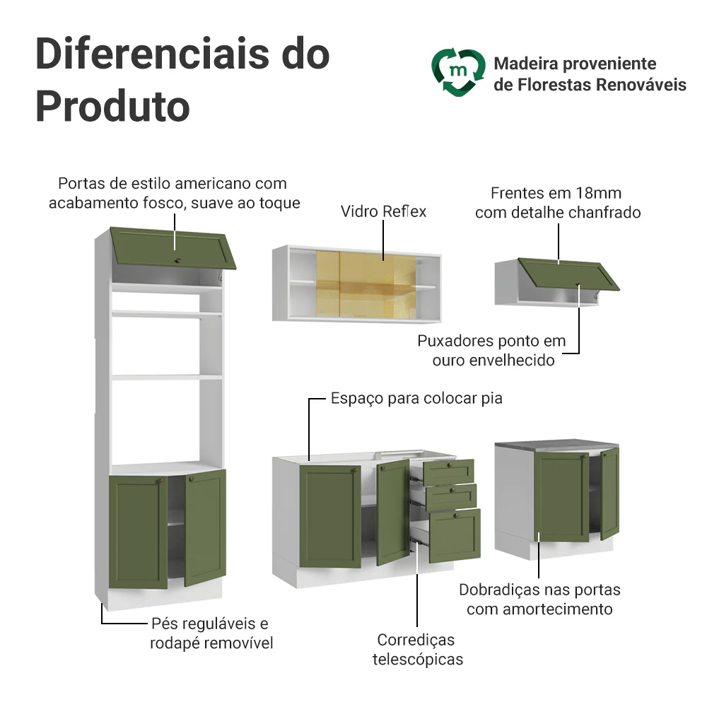Armário de Cozinha Completa 270 cm Branco/Verde Vik Madesa 02 - Image 4