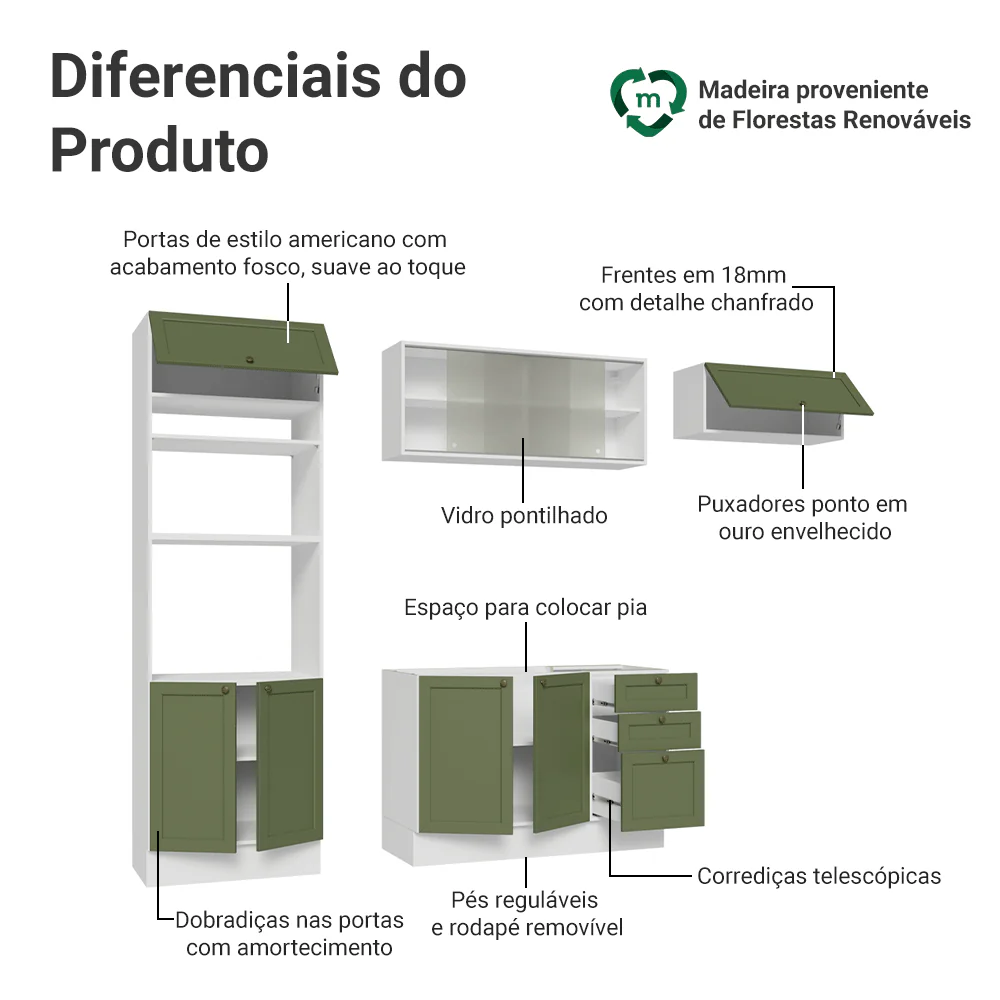 Armário de Cozinha Completa 270 cm Branco/Verde Vik Madesa 03 - Image 4