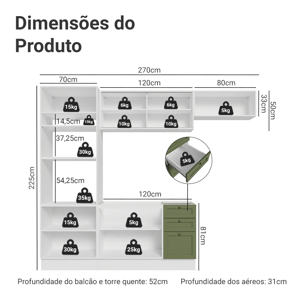 Armário de Cozinha Completa 270 cm Branco/Verde Vik Madesa 04 - Image 3