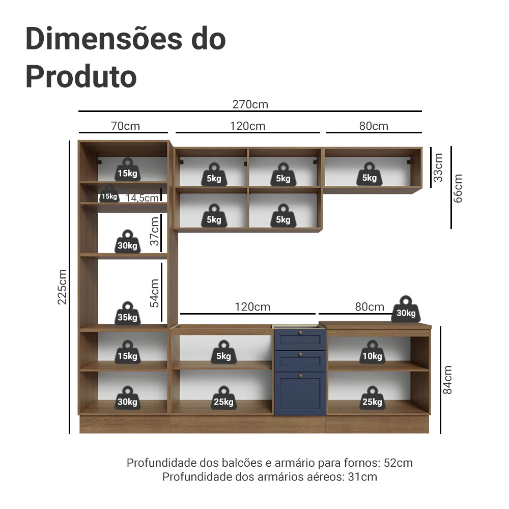 Armário de Cozinha Completa 270 cm Rustic/Azul Vik Madesa 01 - Image 3