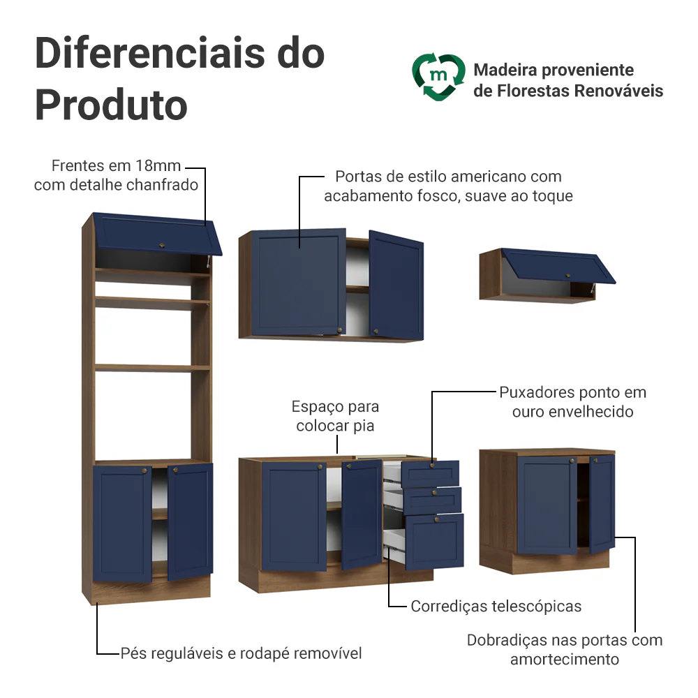 Armário de Cozinha Completa 270 cm Rustic/Azul Vik Madesa 01 - Image 4
