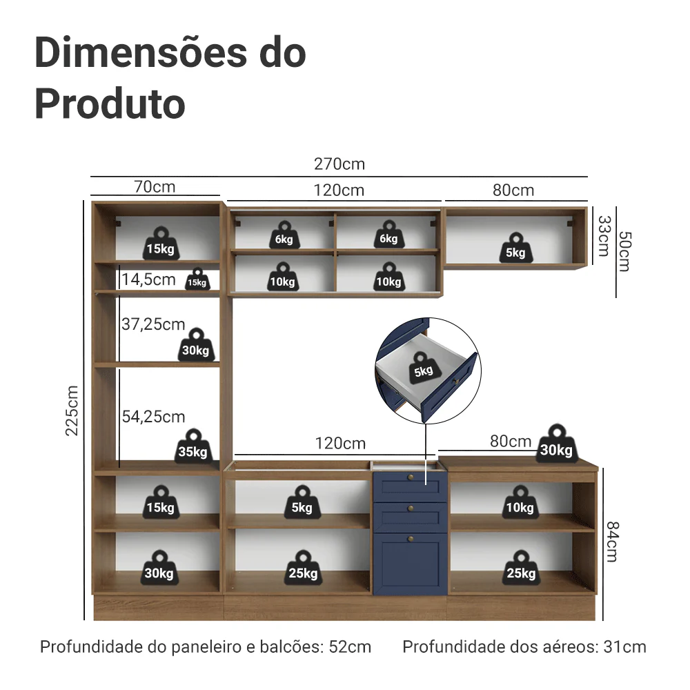 Armário de Cozinha Completa 270 cm Rustic/Azul Vik Madesa 02 - Image 3