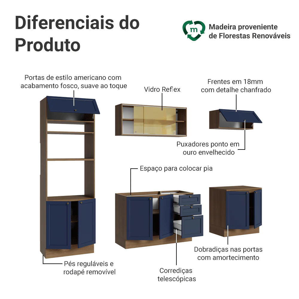 Armário de Cozinha Completa 270 cm Rustic/Azul Vik Madesa 02 - Image 4