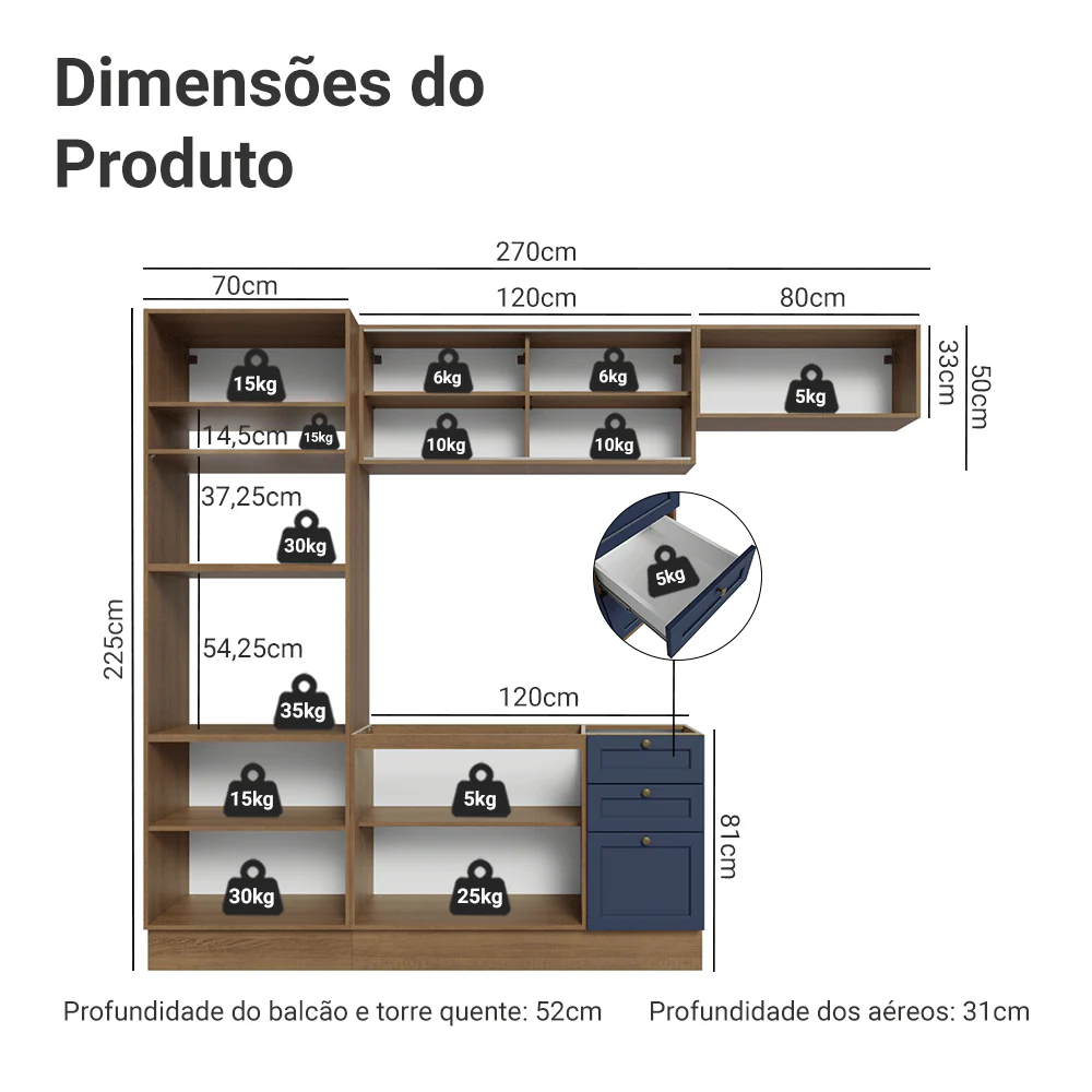 Armário de Cozinha Completa 270 cm Rustic/Azul Vik Madesa 03 - Image 3