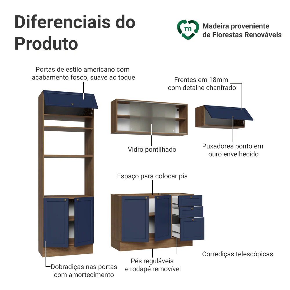 Armário de Cozinha Completa 270 cm Rustic/Azul Vik Madesa 03 - Image 4