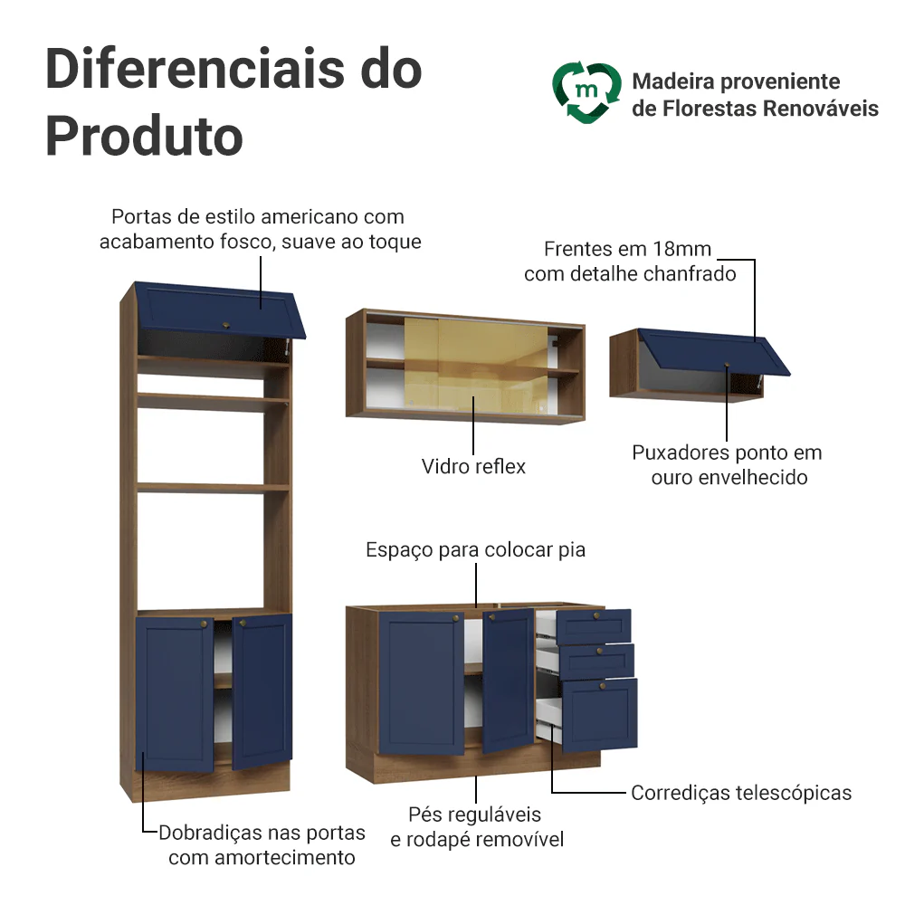 Armário de Cozinha Completa 270 cm Rustic/Azul Vik Madesa 04 - Image 4