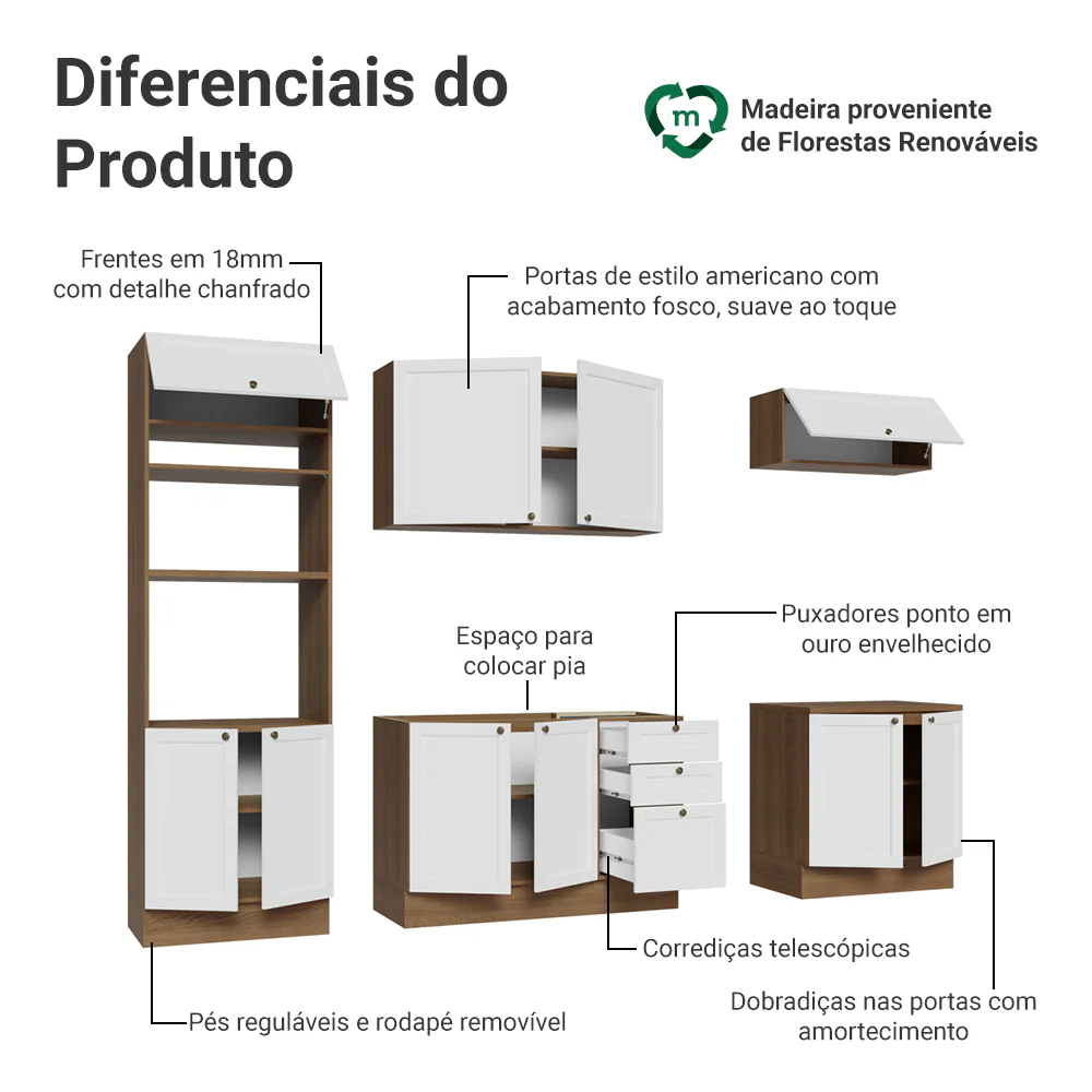 Armário de Cozinha Completa 270 cm Rustic/Branco Vik Madesa 01 - Image 4