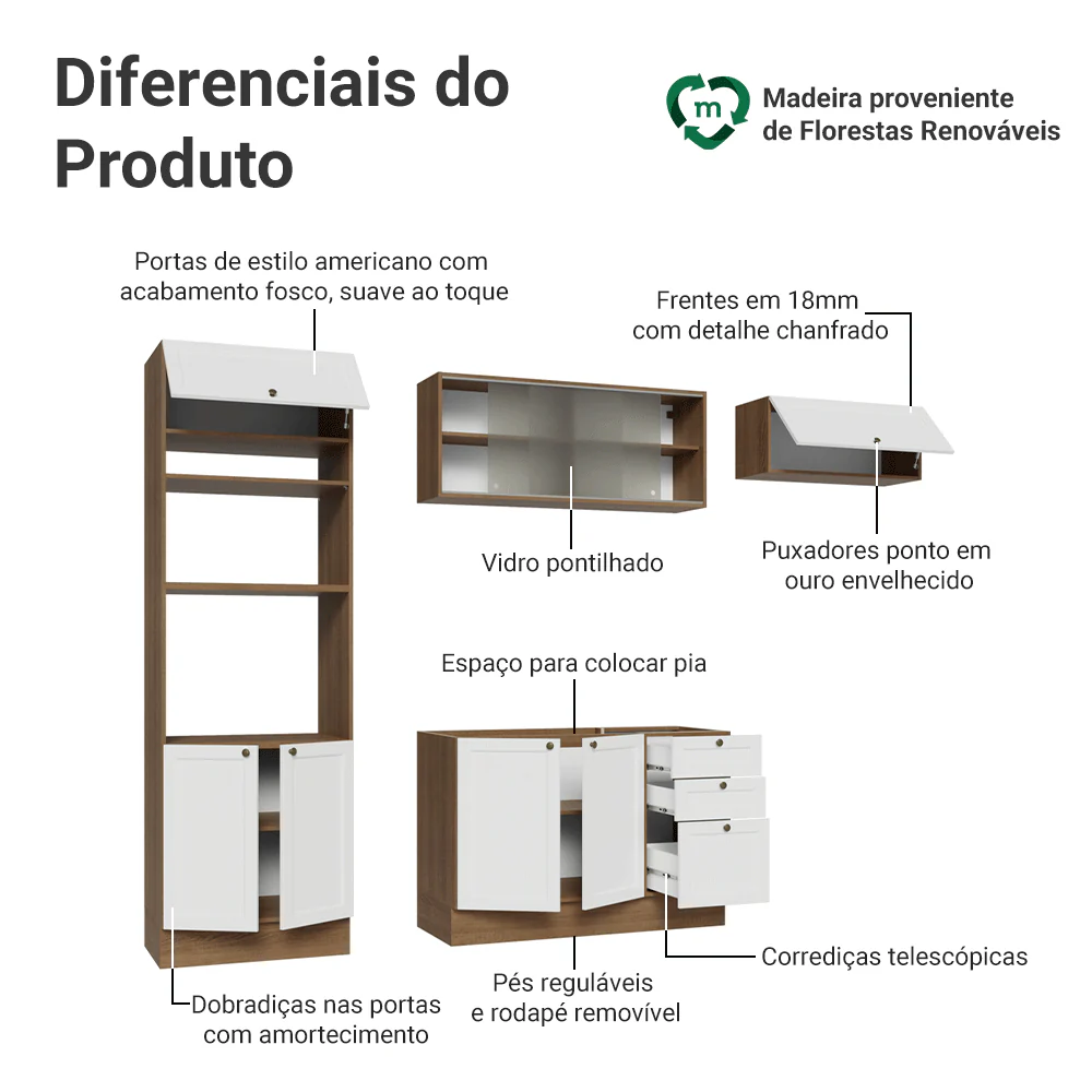 Armário de Cozinha Completa 270 cm Rustic/Branco Vik Madesa 03 - Image 4