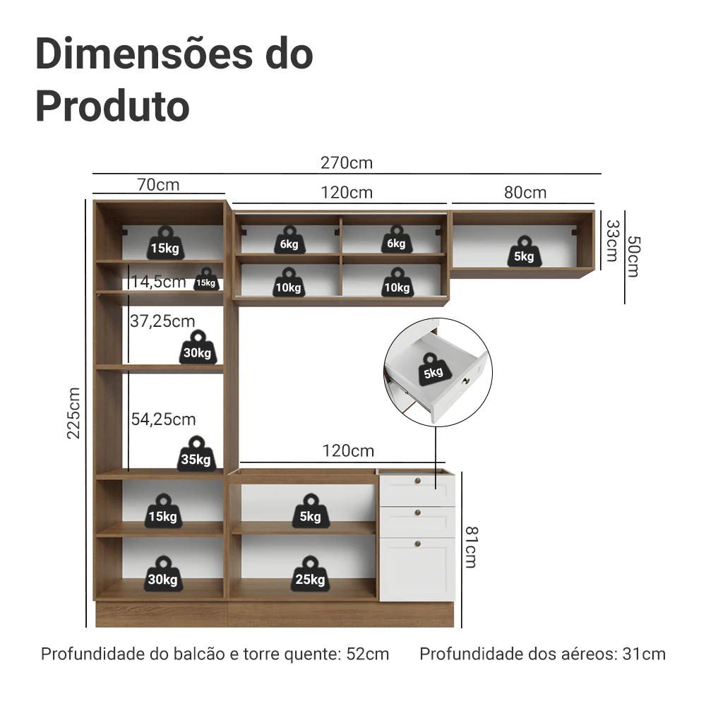 Armário de Cozinha Completa 270 cm Rustic/Branco Vik Madesa 04 - Image 3