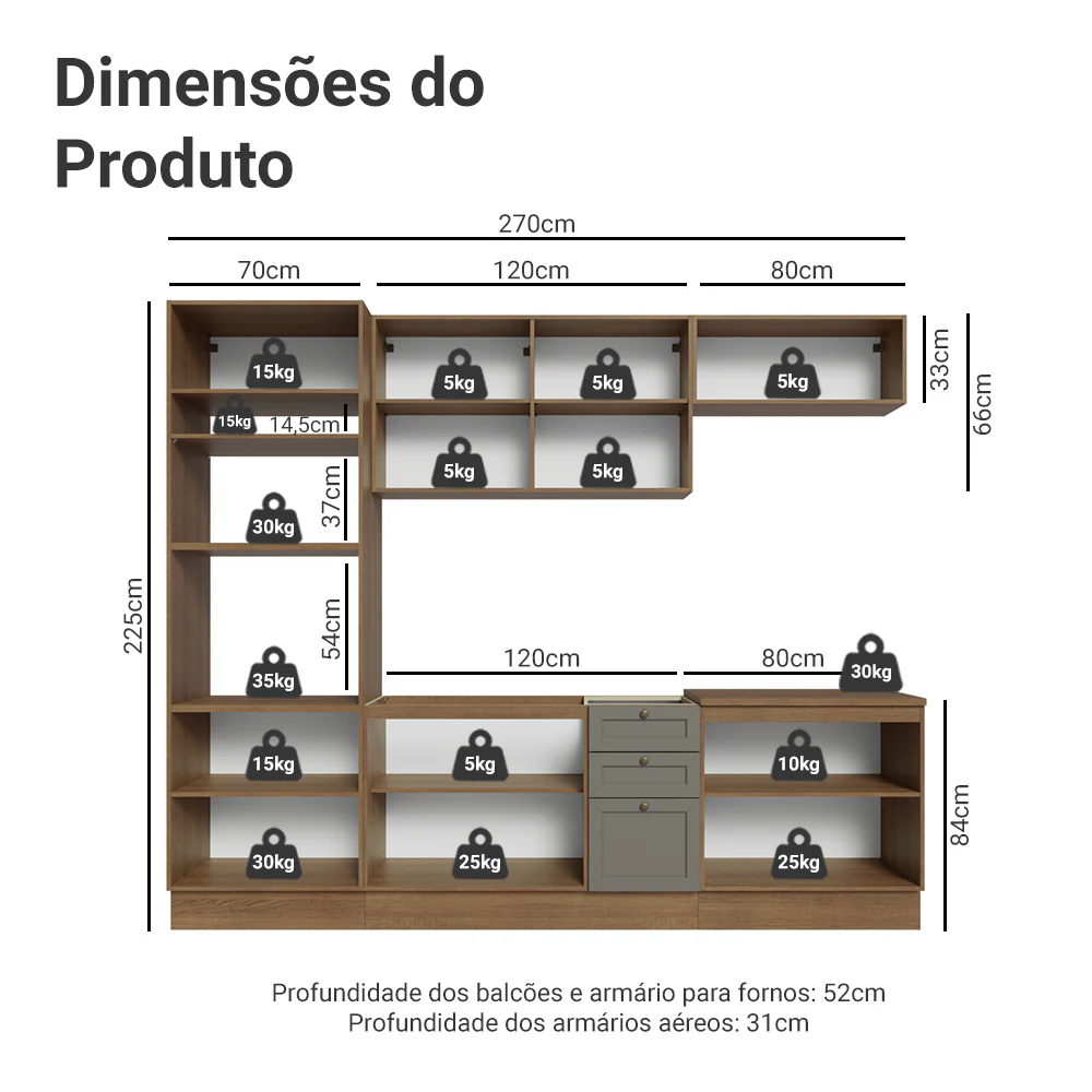 Armário de Cozinha Completa 270 cm Rustic/Cinza Vik Madesa 01 - Image 3