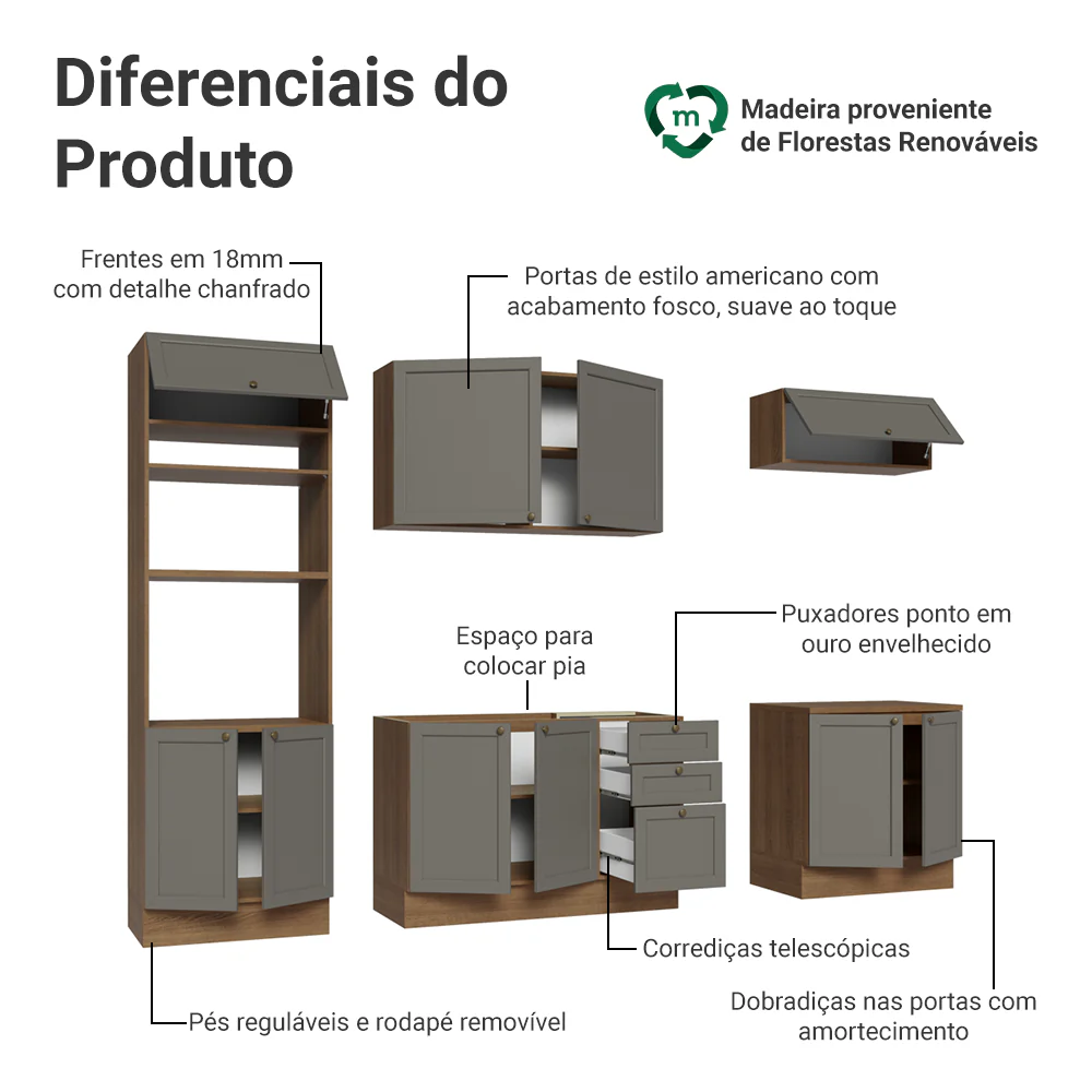 Armário de Cozinha Completa 270 cm Rustic/Cinza Vik Madesa 01 - Image 4