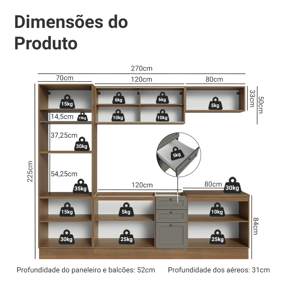 Armário de Cozinha Completa 270 cm Rustic/Cinza Vik Madesa 02 - Image 3