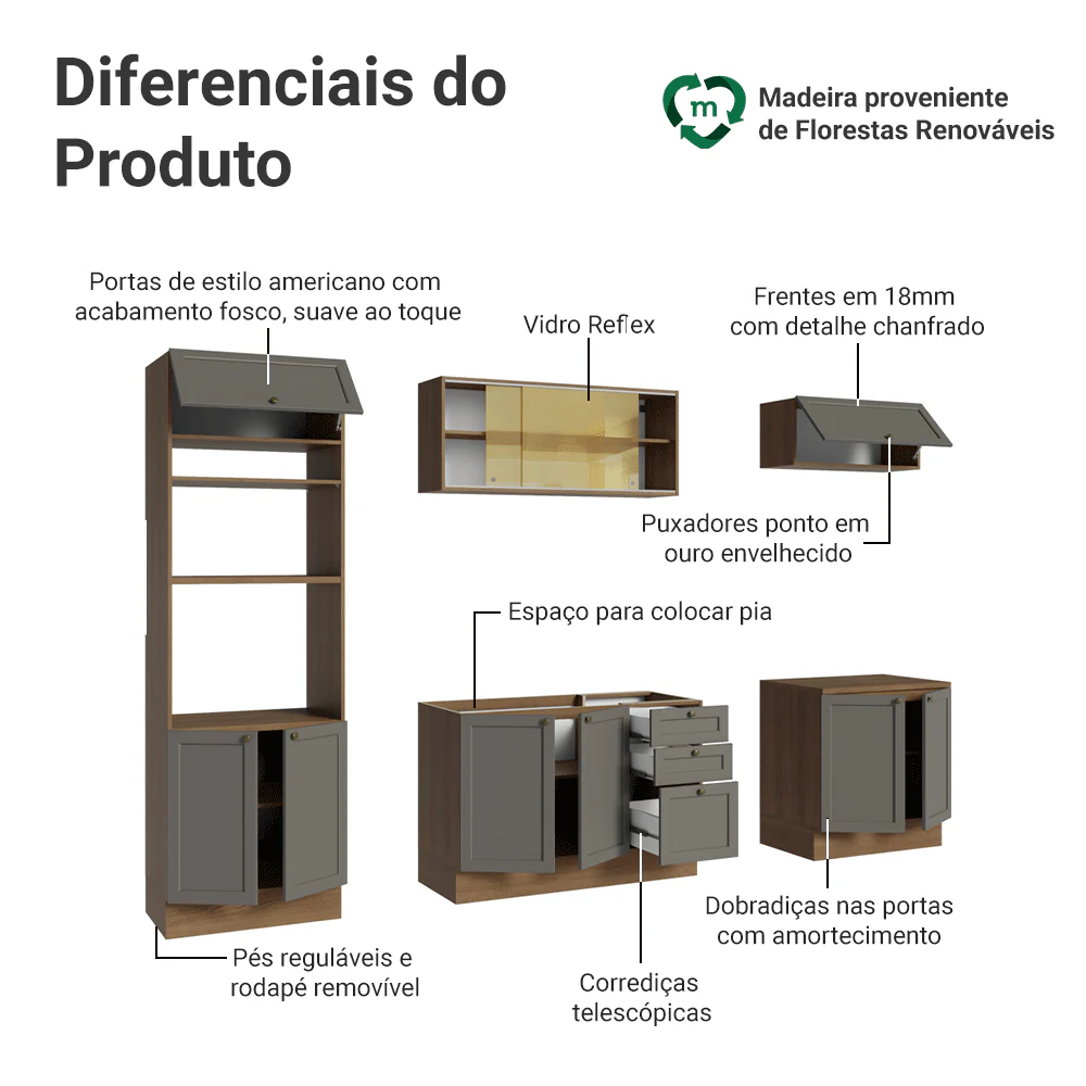Armário de Cozinha Completa 270 cm Rustic/Cinza Vik Madesa 02 - Image 4
