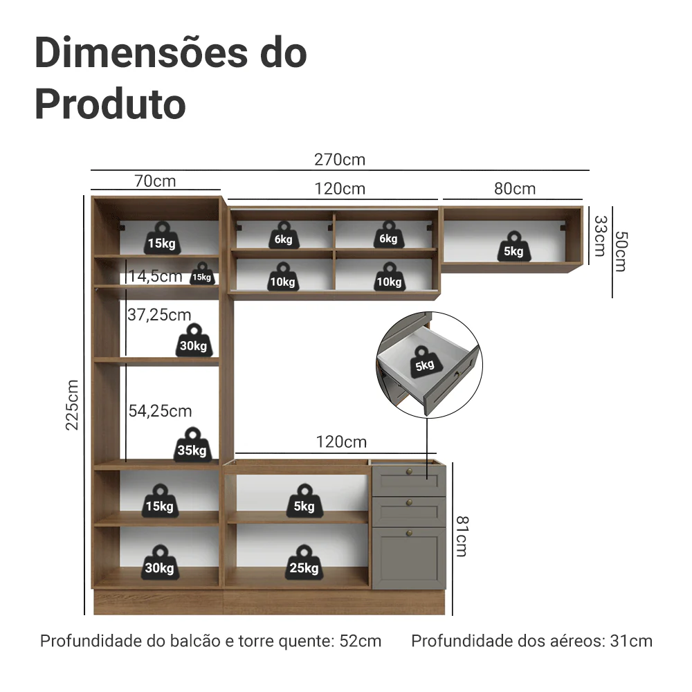 Armário de Cozinha Completa 270 cm Rustic/Cinza Vik Madesa 03 - Image 3