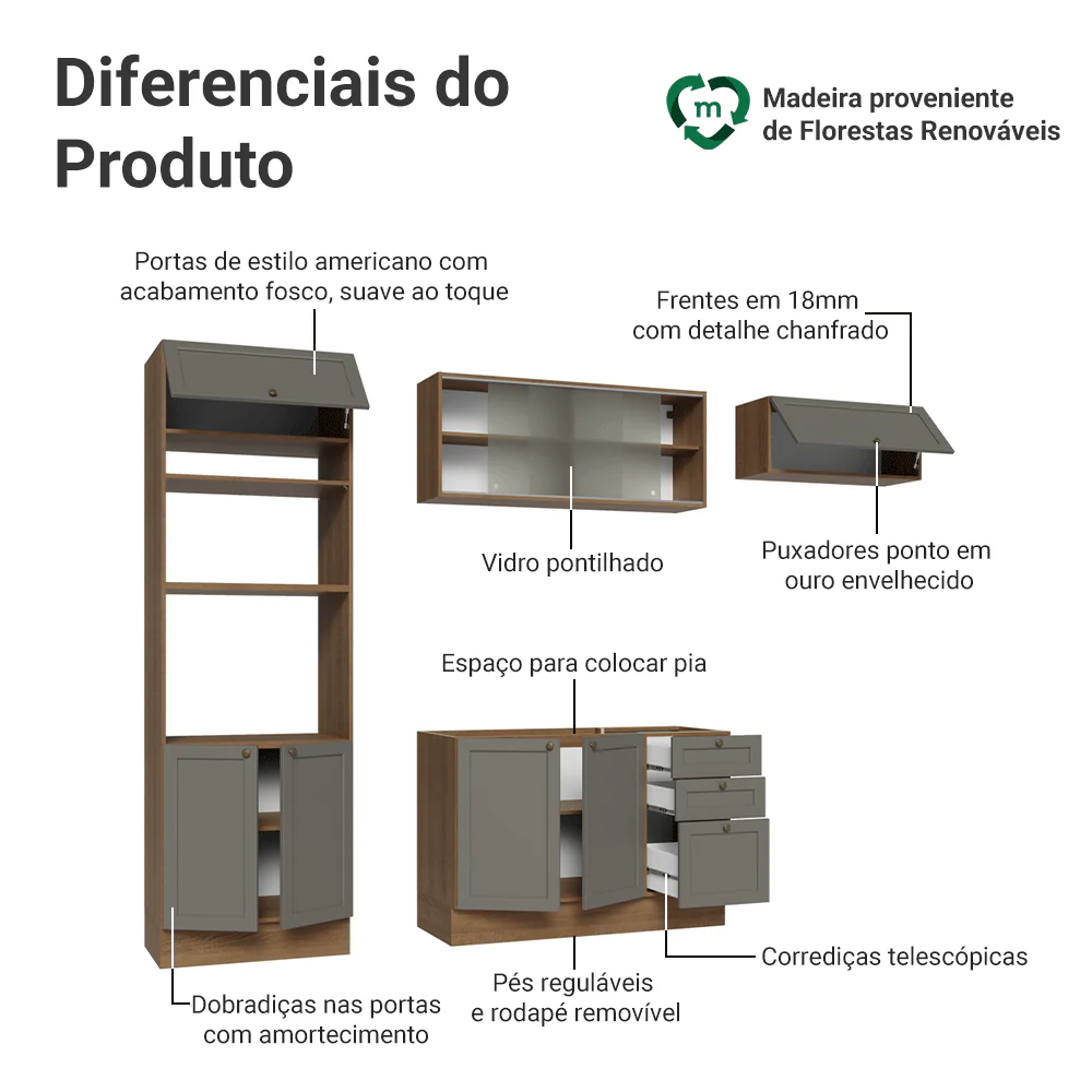Armário de Cozinha Completa 270 cm Rustic/Cinza Vik Madesa 03 - Image 4