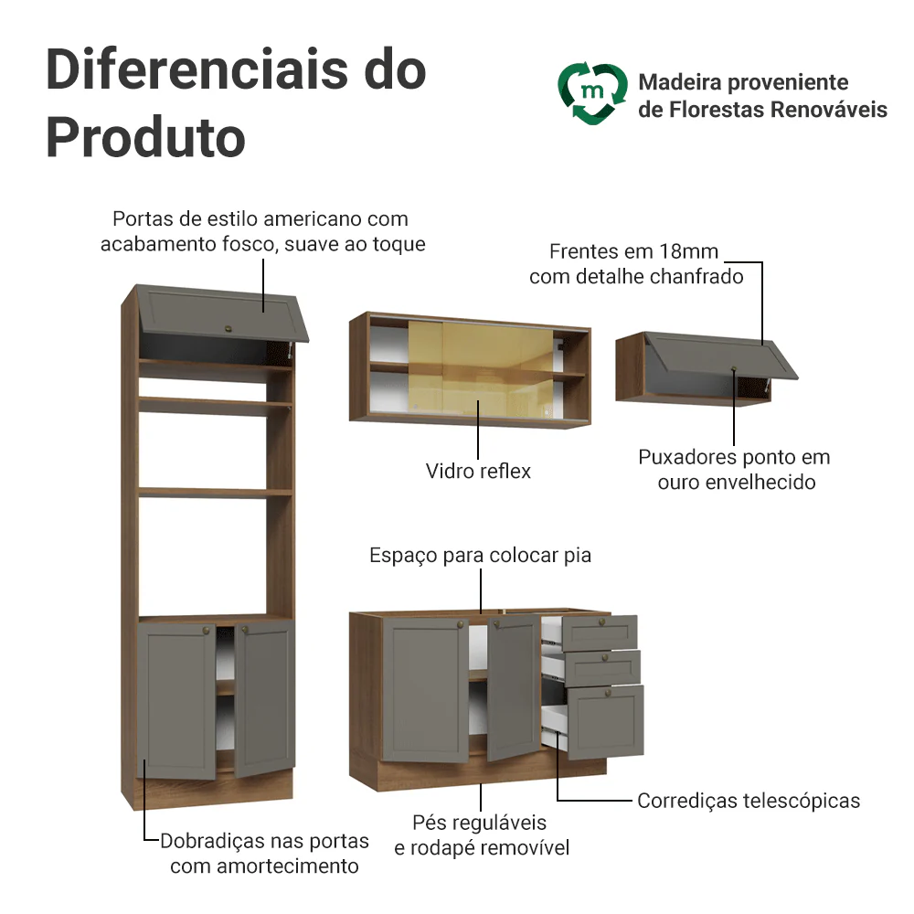 Armário de Cozinha Completa 270 cm Rustic/Cinza Vik Madesa 04 - Image 4