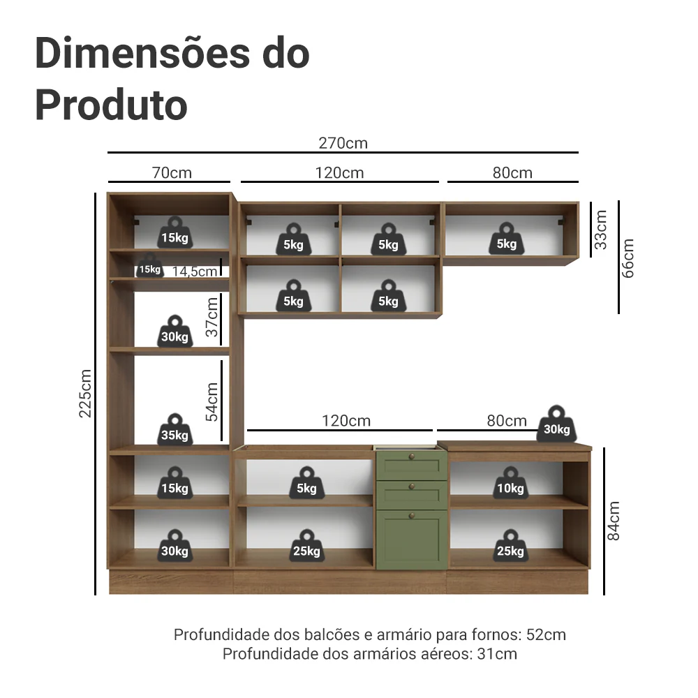 Armário de Cozinha Completa 270 cm Rustic/Verde Vik Madesa 01 - Image 3