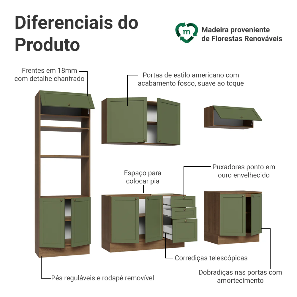 Armário de Cozinha Completa 270 cm Rustic/Verde Vik Madesa 01 - Image 4