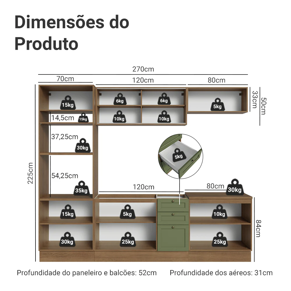 Armário de Cozinha Completa 270 cm Rustic/Verde Vik Madesa 02 - Image 3