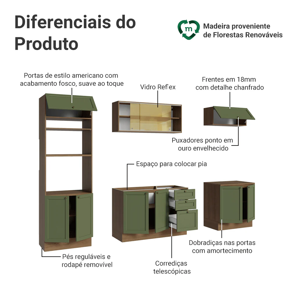 Armário de Cozinha Completa 270 cm Rustic/Verde Vik Madesa 02 - Image 4