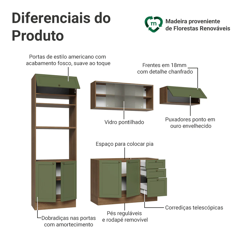 Armário de Cozinha Completa 270 cm Rustic/Verde Vik Madesa 03 - Image 4