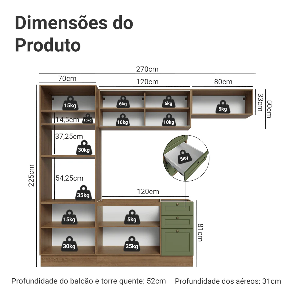 Armário de Cozinha Completa 270 cm Rustic/Verde Vik Madesa 04 - Image 3
